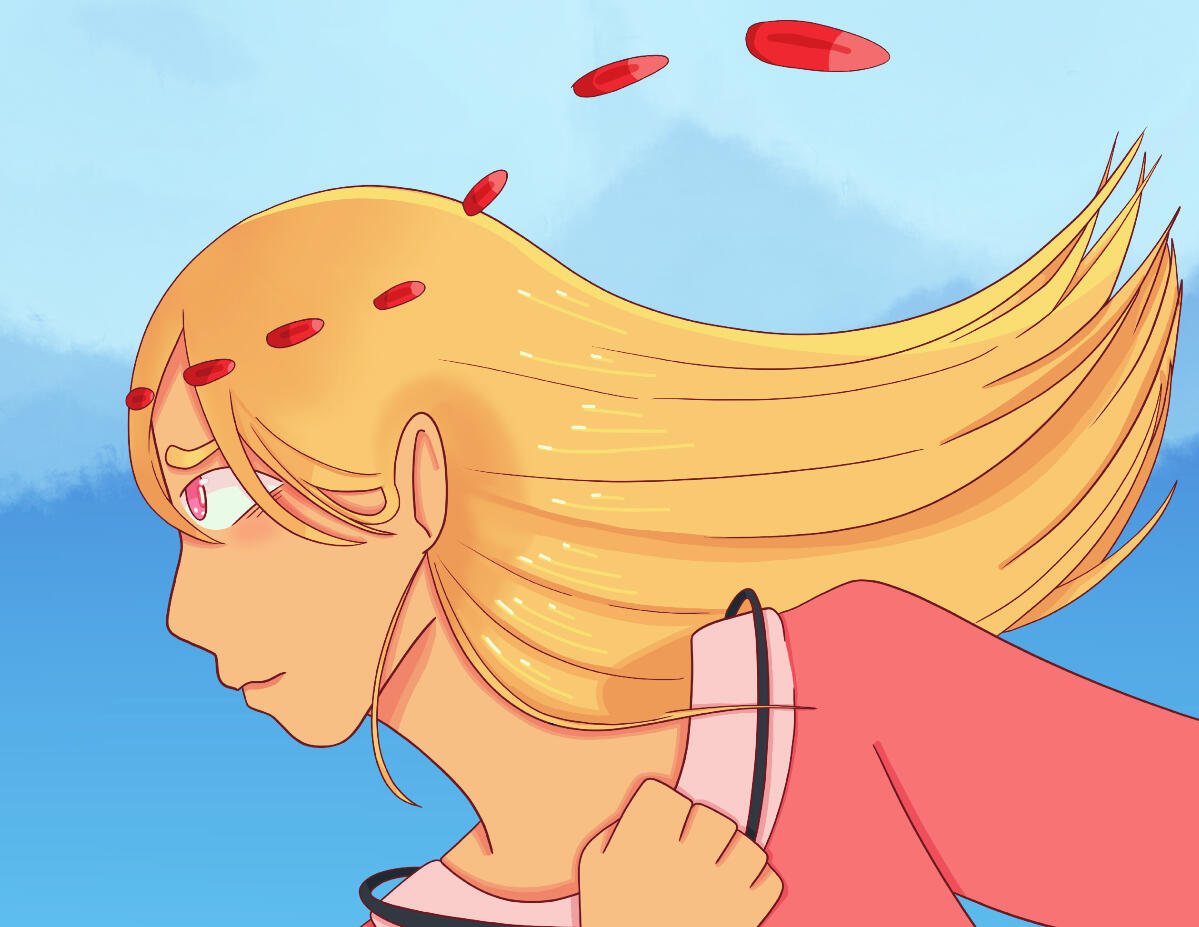 A character looking to the side unsure amidst clouds with iris petals flying from her head